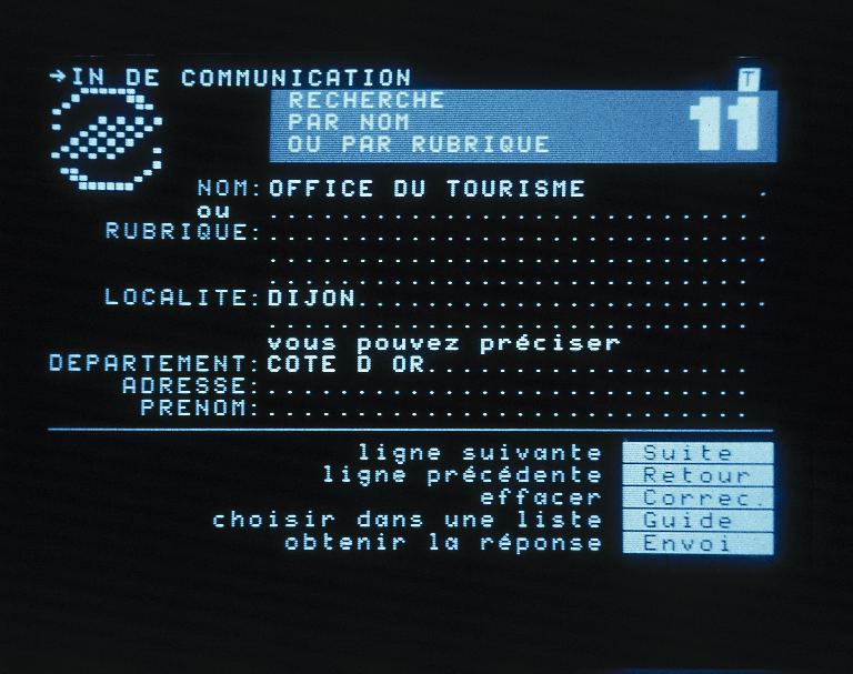 Minitel screen showing french information