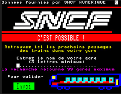 Minitel screen of a french ad for S.N.E.F