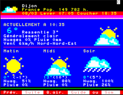 Minitel screen showing the local weather in france at the time
